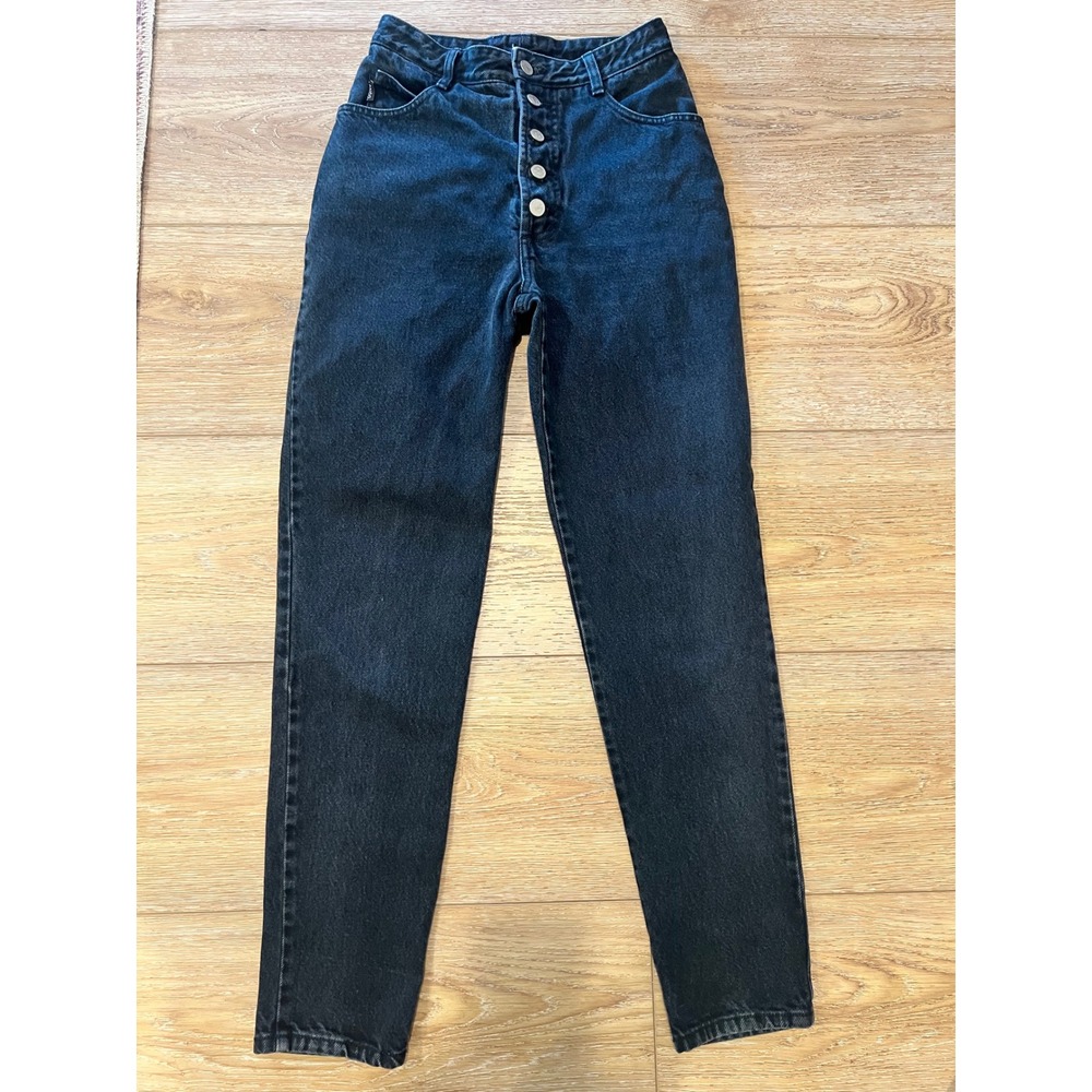 Bongo Vintage High Rise Button Fly Jeans Black Wash Tapered Leg Size 5 Mom Denim